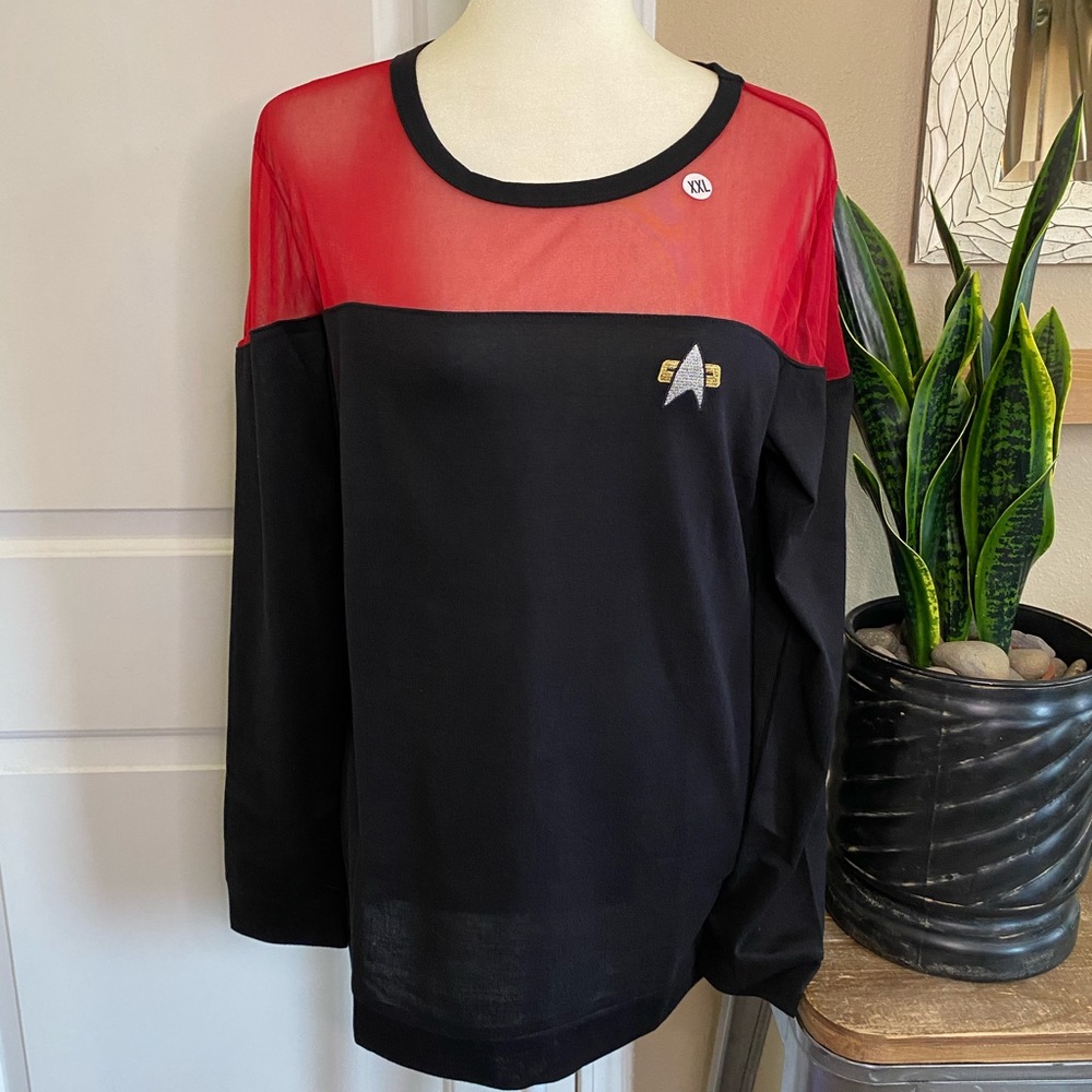 NWOT Star Trek Sheer Yoke Red Long Sleeve Sweater - Picture 2 of 13